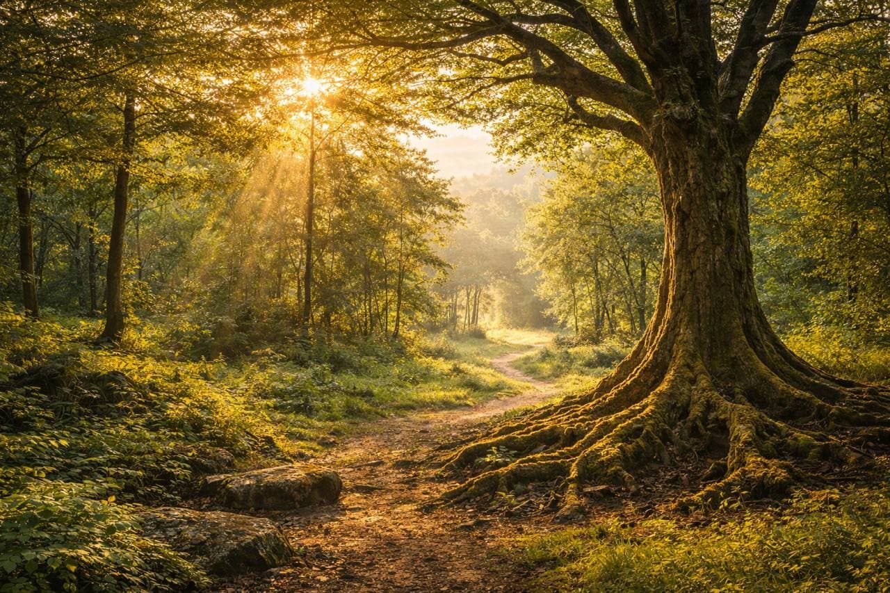 Ancient tree with deep roots in golden forest light