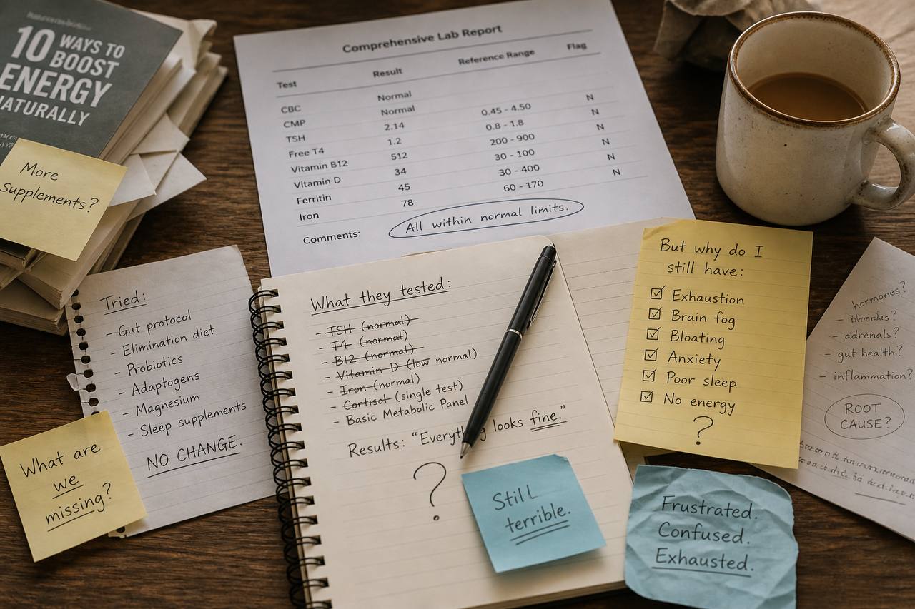Hands reviewing lab results with handwritten notes